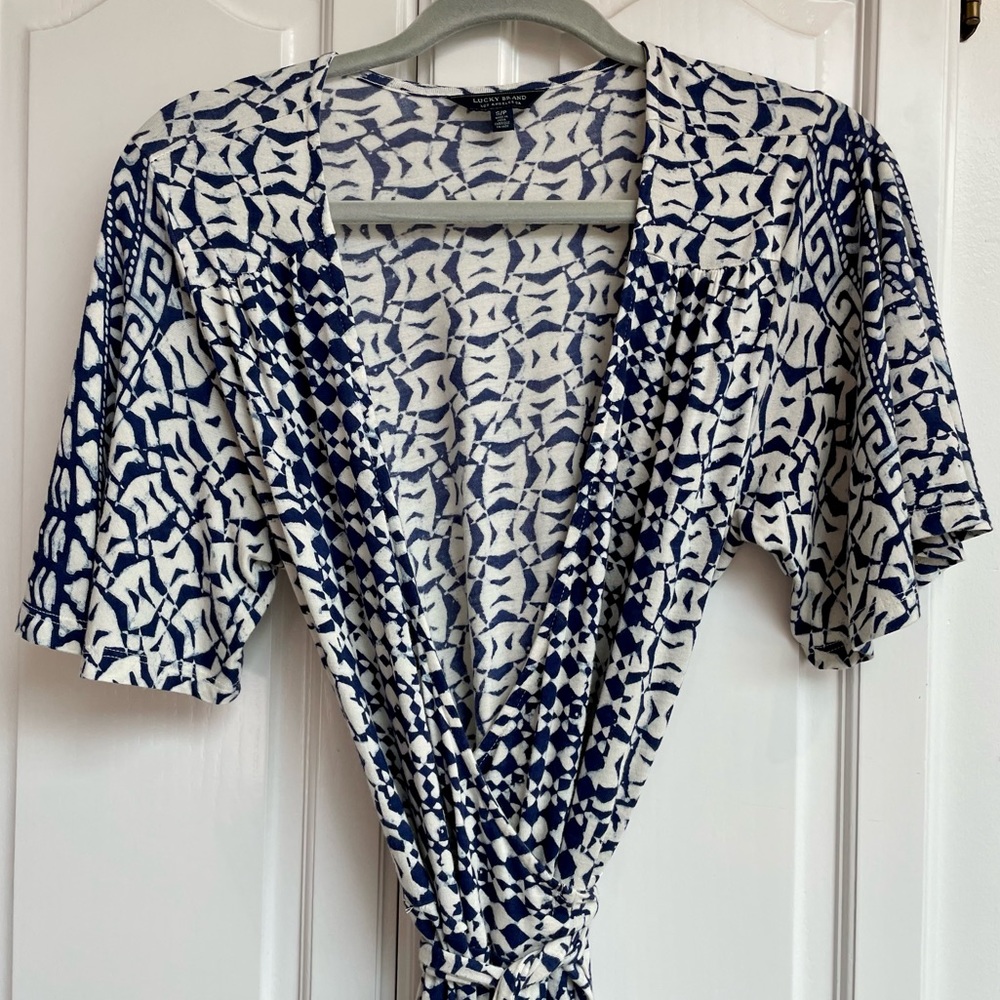 Lucky Brand Boho Blue & Cream Geometric Print Wrap Maxi Dress Size Small - Picture 4 of 11